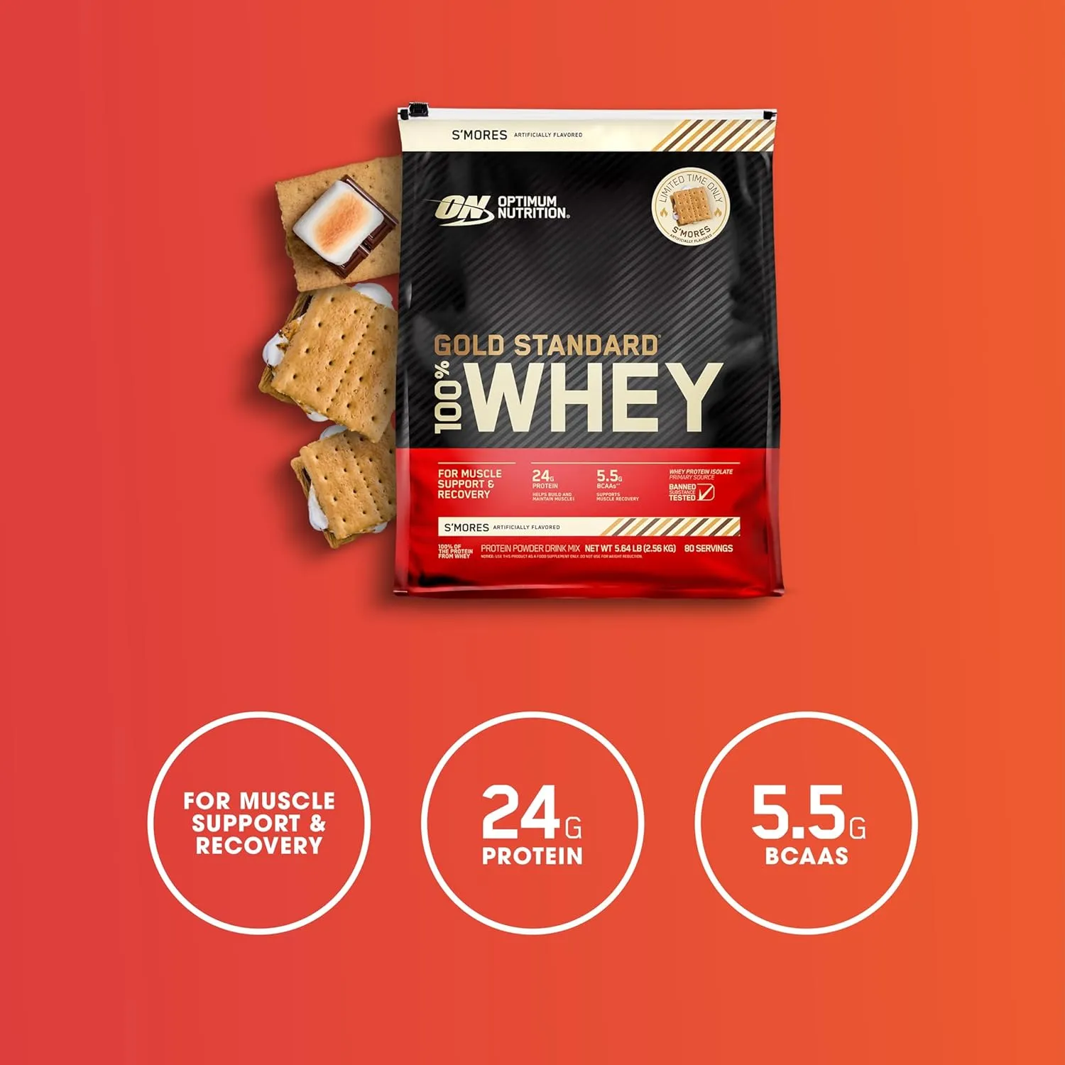 Optimum Nutrition 100% Gold Standard Whey Protein Powder - Protein Powder with a Blend of Hydrolyzed, Isolate & Whey - for Muscle Recovery - S'Mores, 5.64 lb (80 Servings)