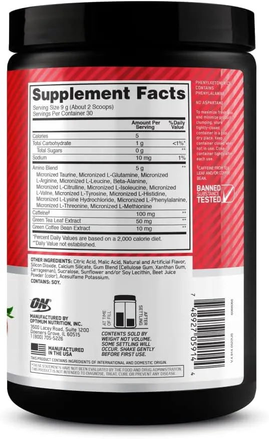 Optimum Nutrition Amino Energy - Pre Workout with Green Tea, BCAA, Amino Acids, Keto Friendly, Green Coffee Extract, Energy Powder - Juicy Strawberry Burst, 30 Servings (Packaging May Vary)