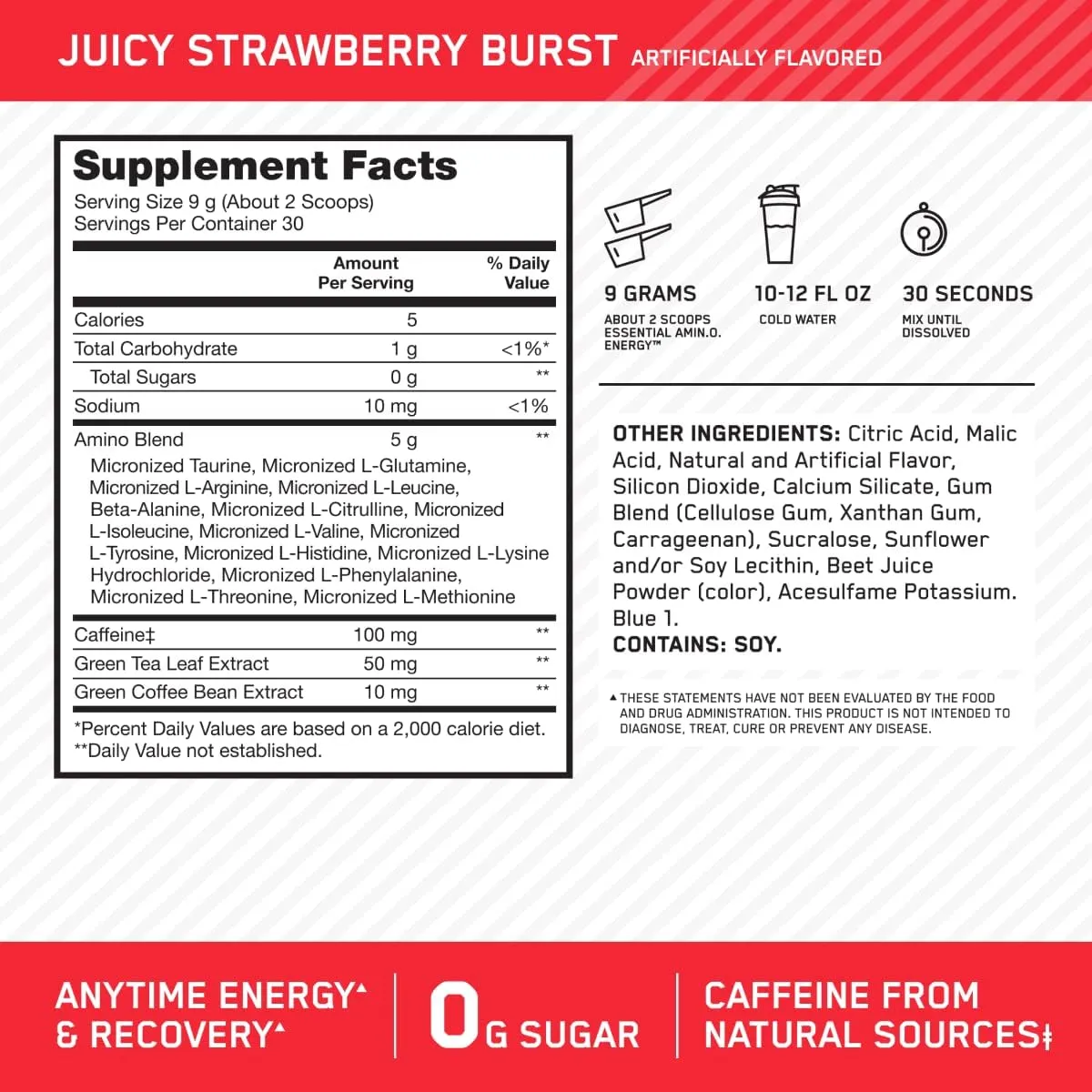 Optimum Nutrition Amino Energy - Pre Workout with Green Tea, BCAA, Amino Acids, Keto Friendly, Green Coffee Extract, Energy Powder - Juicy Strawberry Burst, 30 Servings (Packaging May Vary)
