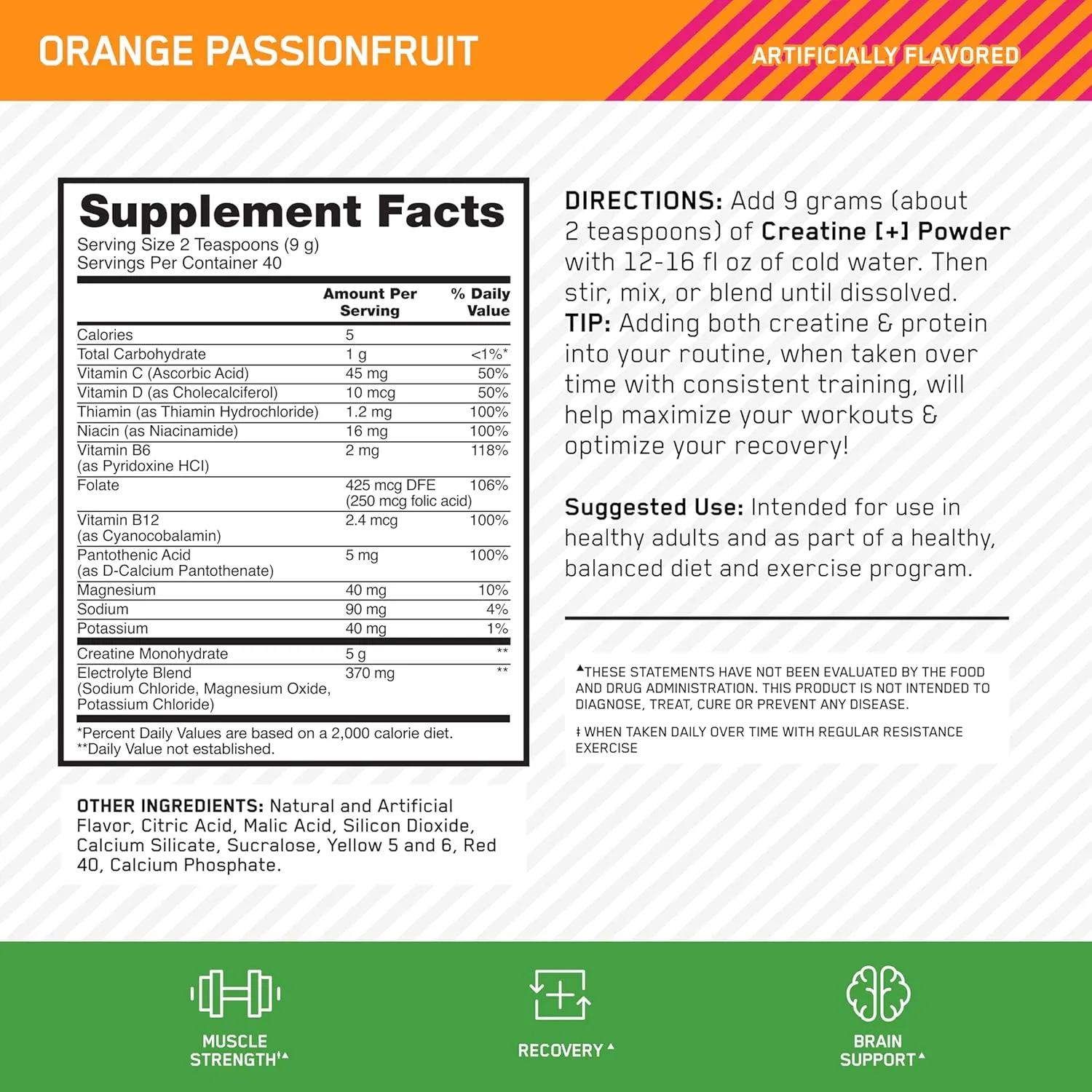 Optimum Nutrition Creatine Monohydrate Plus Powder, Orange Passionfruit Flavored Creatine Performance Blend With Electrolytes for Hydration, Added Vitamins, 40 Servings, 360 Grams (Packaging May Vary)