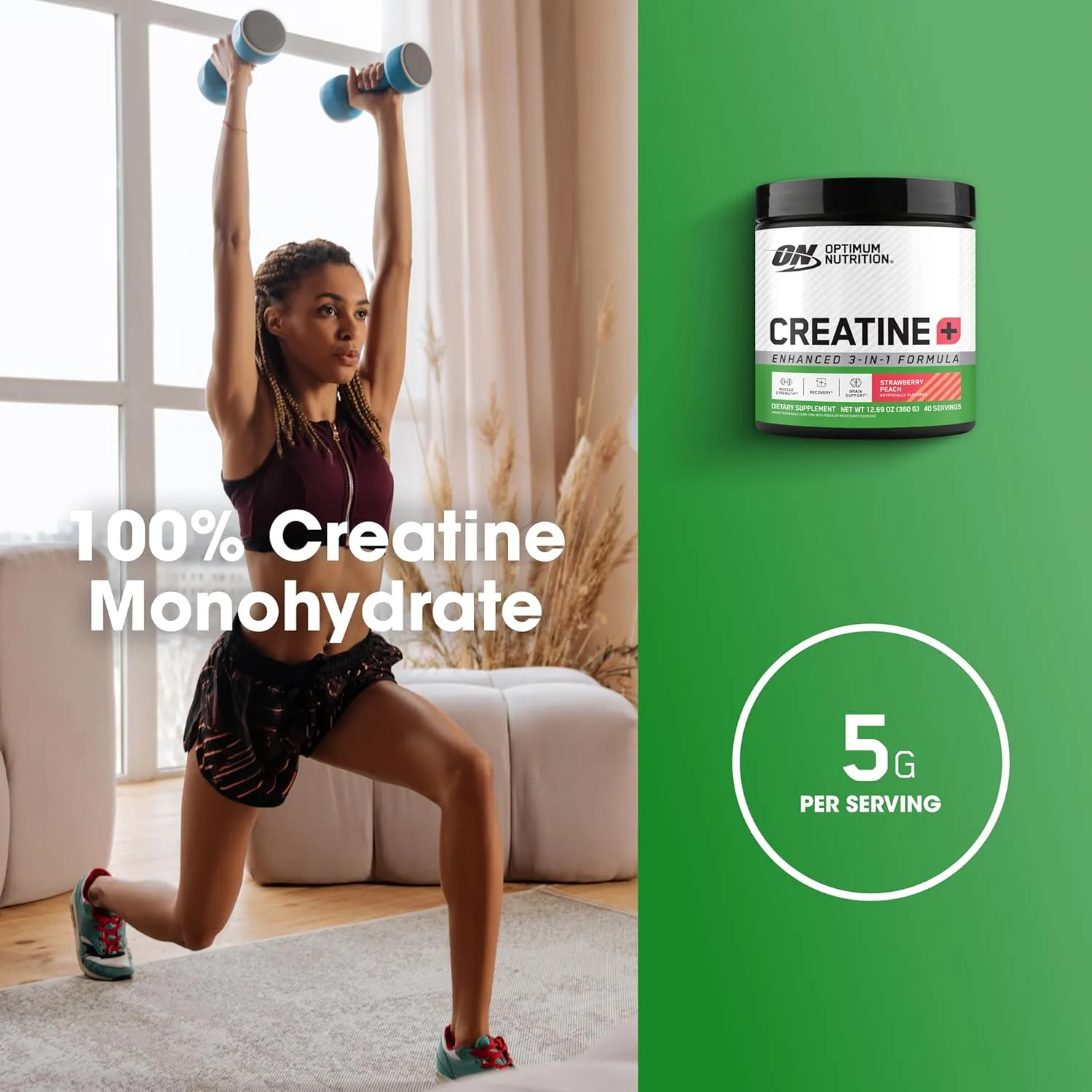 Optimum Nutrition Creatine Monohydrate Plus Powder, Strawberry Peach Flavored Creatine Performance Blend, with Electrolytes for Hydration, Added Vitamins, 40 Servings, 360 Grams (Packaging May Vary)