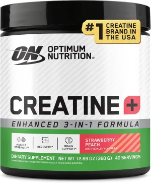 Optimum Nutrition Creatine Monohydrate Plus Powder, Strawberry Peach Flavored Creatine Performance Blend, with Electrolytes for Hydration, Added Vitamins, 40 Servings, 360 Grams (Packaging May Vary)