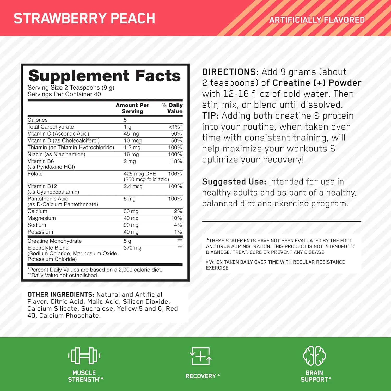 Optimum Nutrition Creatine Monohydrate Plus Powder, Strawberry Peach Flavored Creatine Performance Blend, with Electrolytes for Hydration, Added Vitamins, 40 Servings, 360 Grams (Packaging May Vary)