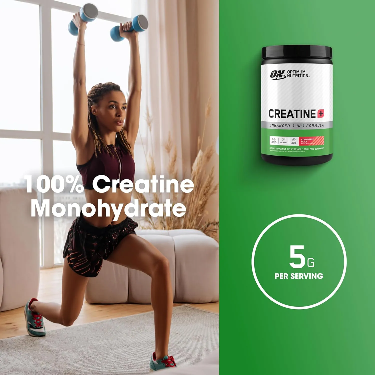 Optimum Nutrition Creatine Monohydrate Plus Powder, Strawberry Peach Flavored Creatine Performance Blend, with Electrolytes for Hydration, Added Vitamins, 80 Servings, 720 Grams (Packaging May Vary)