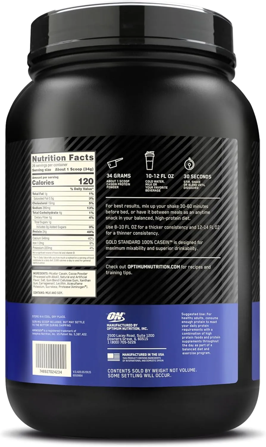 Optimum Nutrition Gold Standard 100% Micellar Casein Protein Powder, Slow Digesting, Helps Keep You Full, Overnight Muscle Recovery, Chocolate Supreme, 2 Pound (Packaging May Vary)