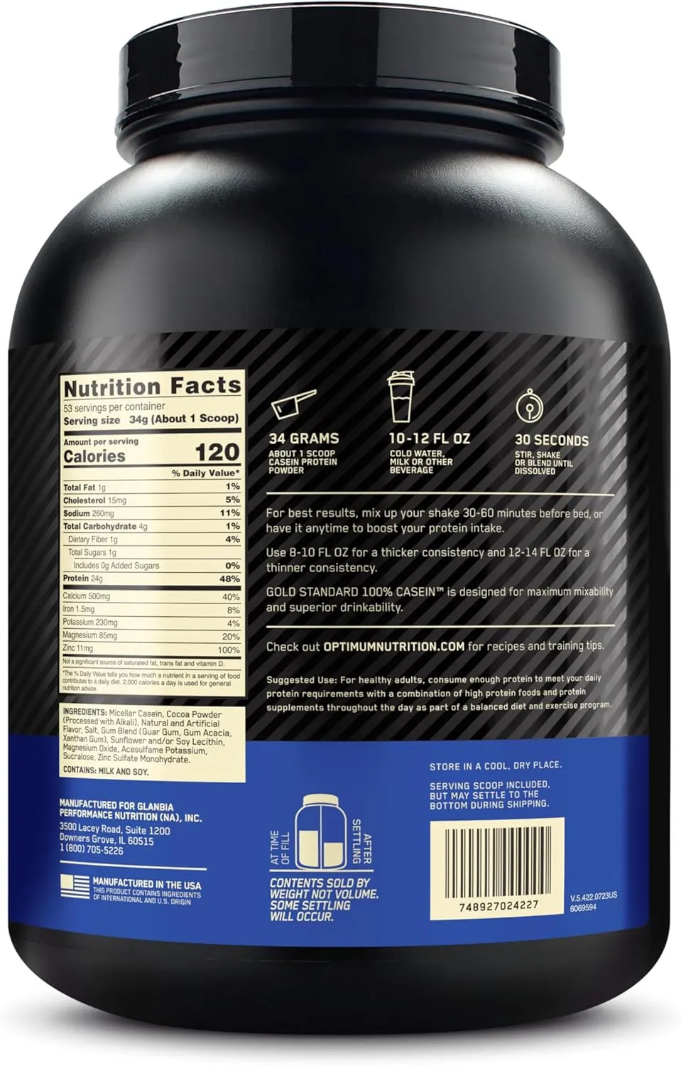 Optimum Nutrition Gold Standard 100% Micellar Casein Protein Powder, Slow Digesting, Helps Keep You Full, Overnight Muscle Recovery, Chocolate Supreme, 4 Pound (Packaging May Vary)