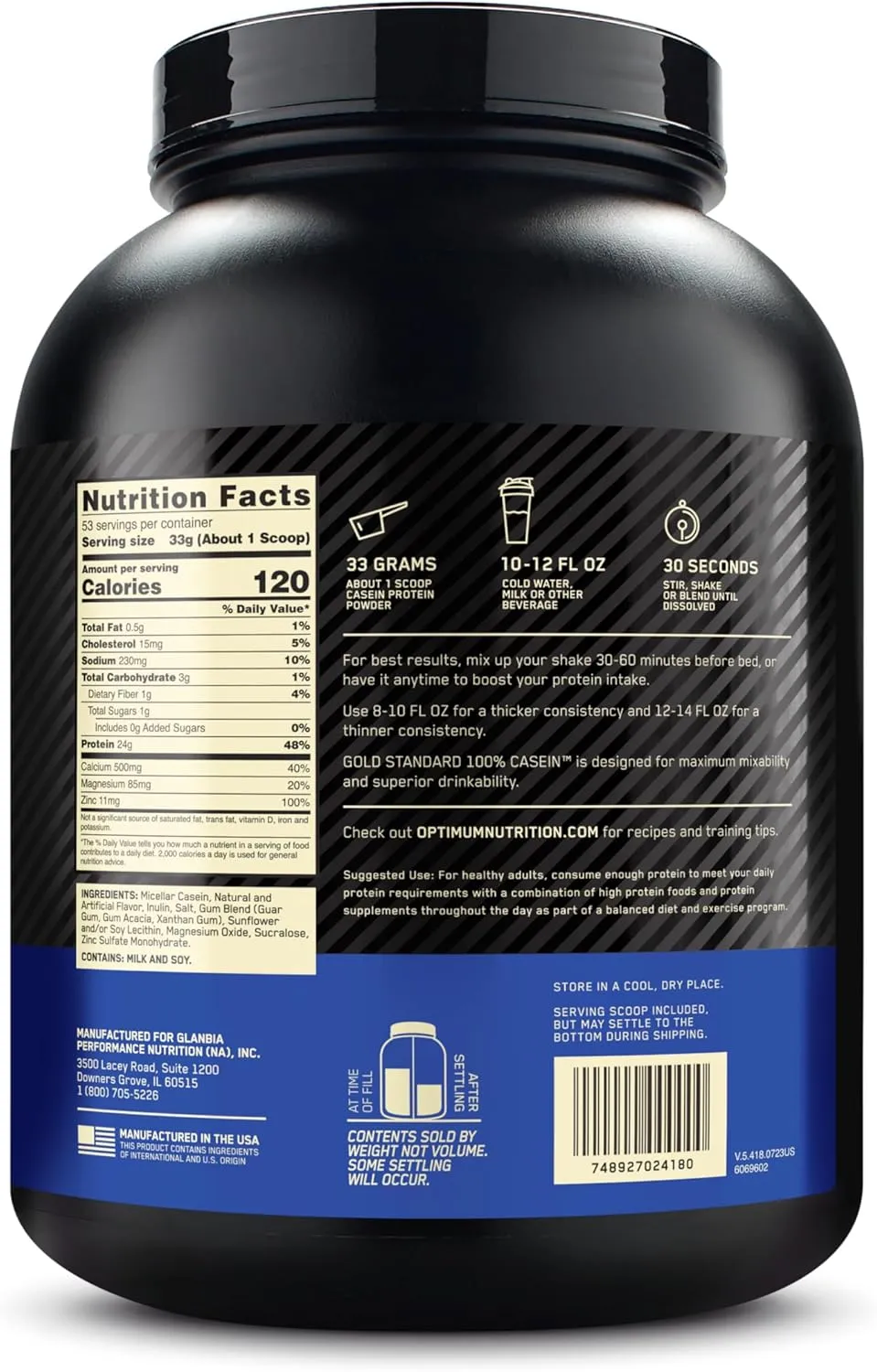 Optimum Nutrition Gold Standard 100% Micellar Casein Protein Powder, Slow Digesting, Helps Keep You Full, Overnight Muscle Recovery, Creamy Vanilla, 4 Pound (Packaging May Vary)