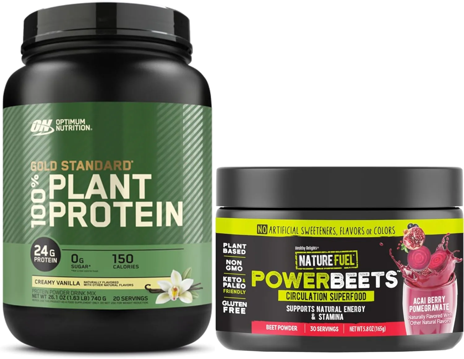 Optimum Nutrition Gold Standard 100% Plant Based Protein Powder, Creamy Vanilla, 20 Servings   Healthy Delights Nature Fuel Power Beets Powder, Acai Berry Pomegranate, 30 Servings (Packaging May Vary)