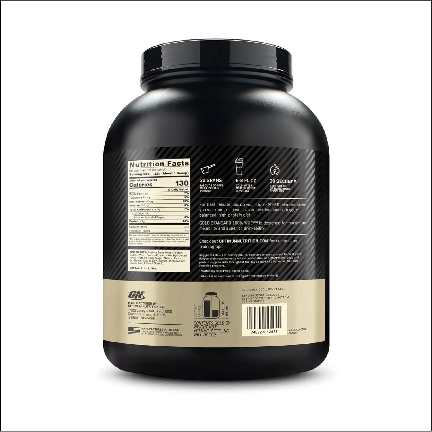 Optimum Nutrition Gold Standard 100% Whey Naturally Flavored Protein Powder 4.8 (Packaging May Vary), Vanilla, 76.8 Ounce