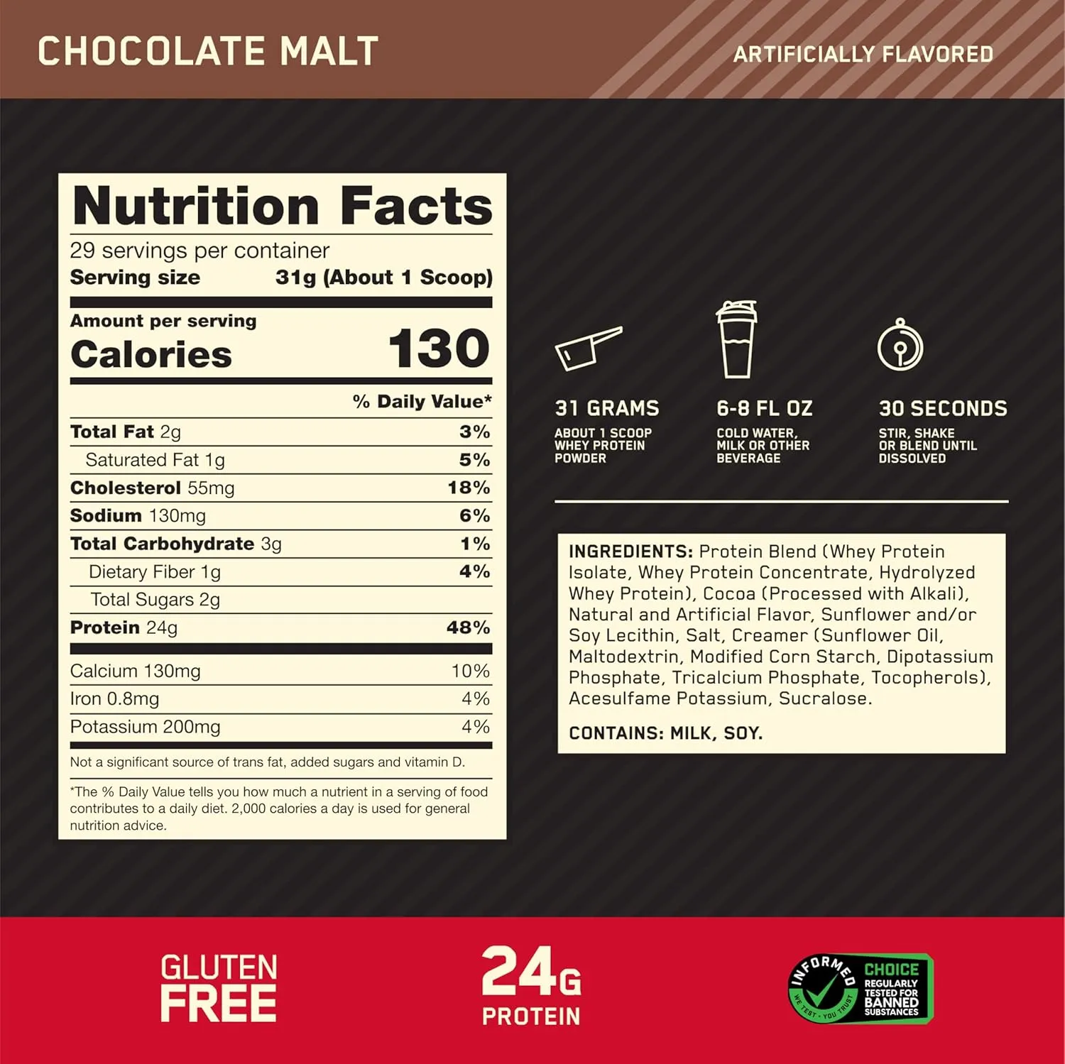 Optimum Nutrition Gold Standard 100% Whey Protein Powder, Chocolate Malt, 2 Pound (Packaging May Vary)