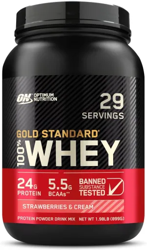 Optimum Nutrition Gold Standard 100% Whey Protein Powder, Strawberry & Cream, 2 Pound (Packaging May Vary)