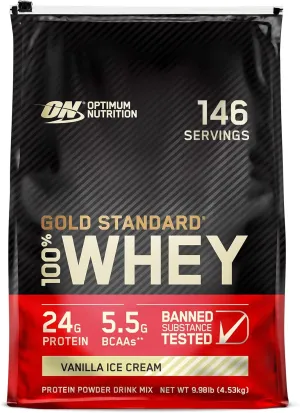Optimum Nutrition Gold Standard 100% Whey Protein Powder, Vanilla Ice Cream, 10 Pound (Packaging May Vary)
