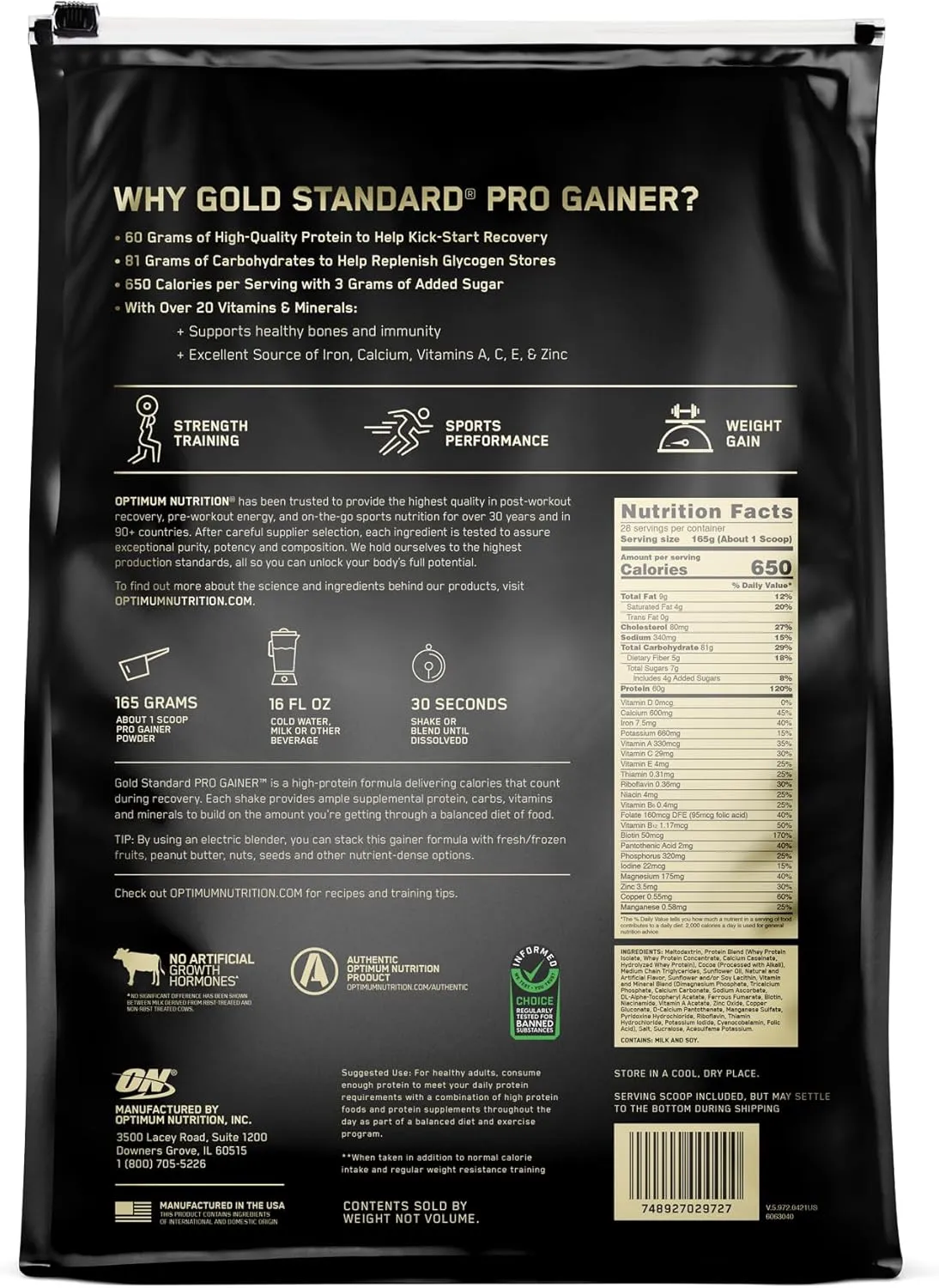 Optimum Nutrition Gold Standard Pro Gainer, Weight Gainer Protein Powder, Double Chocolate, 10.19 Pounds (Packaging May Vary)