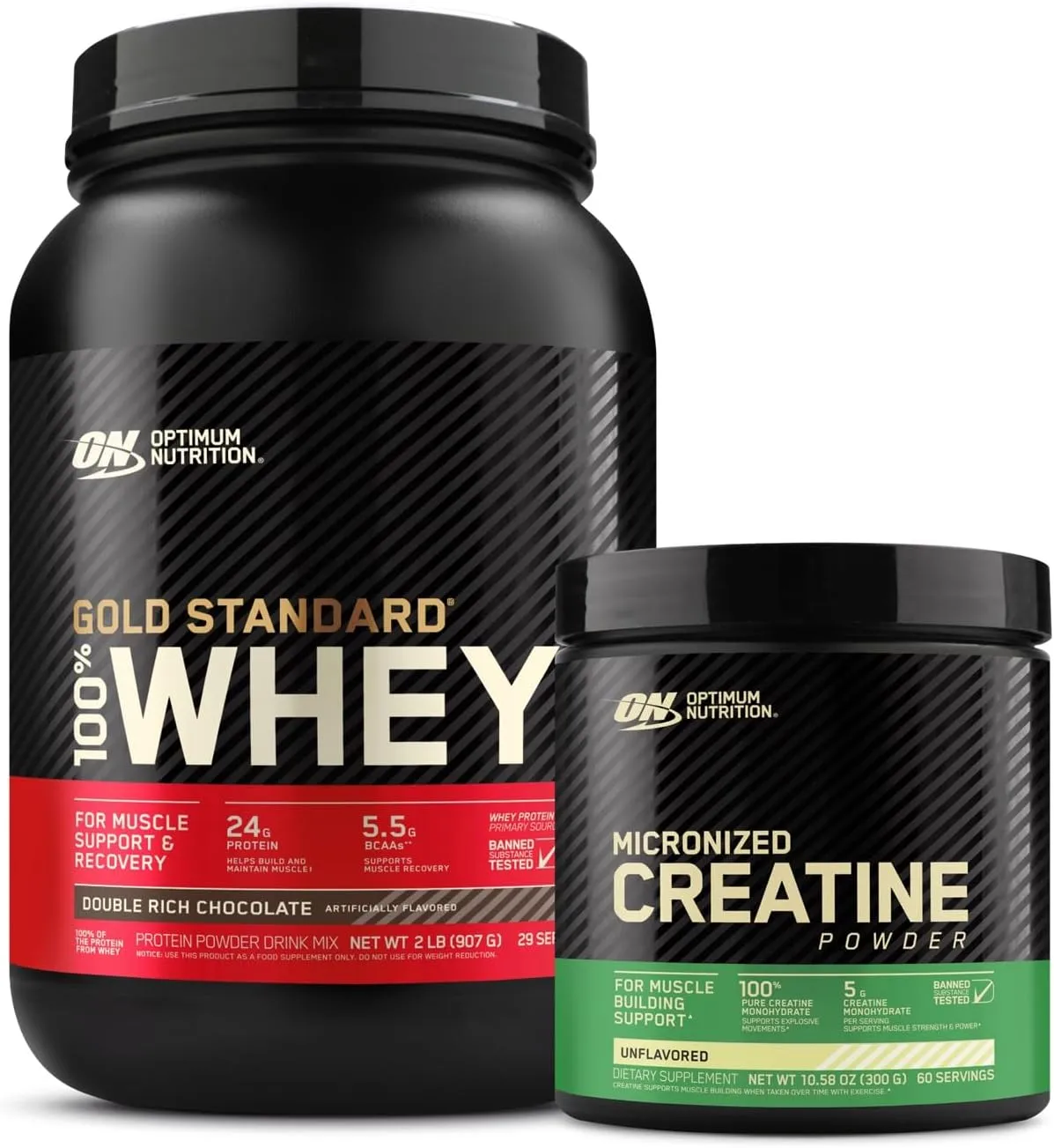 Optimum Nutrition ON Gold Standard 100% Whey Protein Primary Source Isolate - Double Rich Chocolate, 2 Lbs   ON Micronized Creatine Monohydrate Powder - Unflavored, 300 Grams