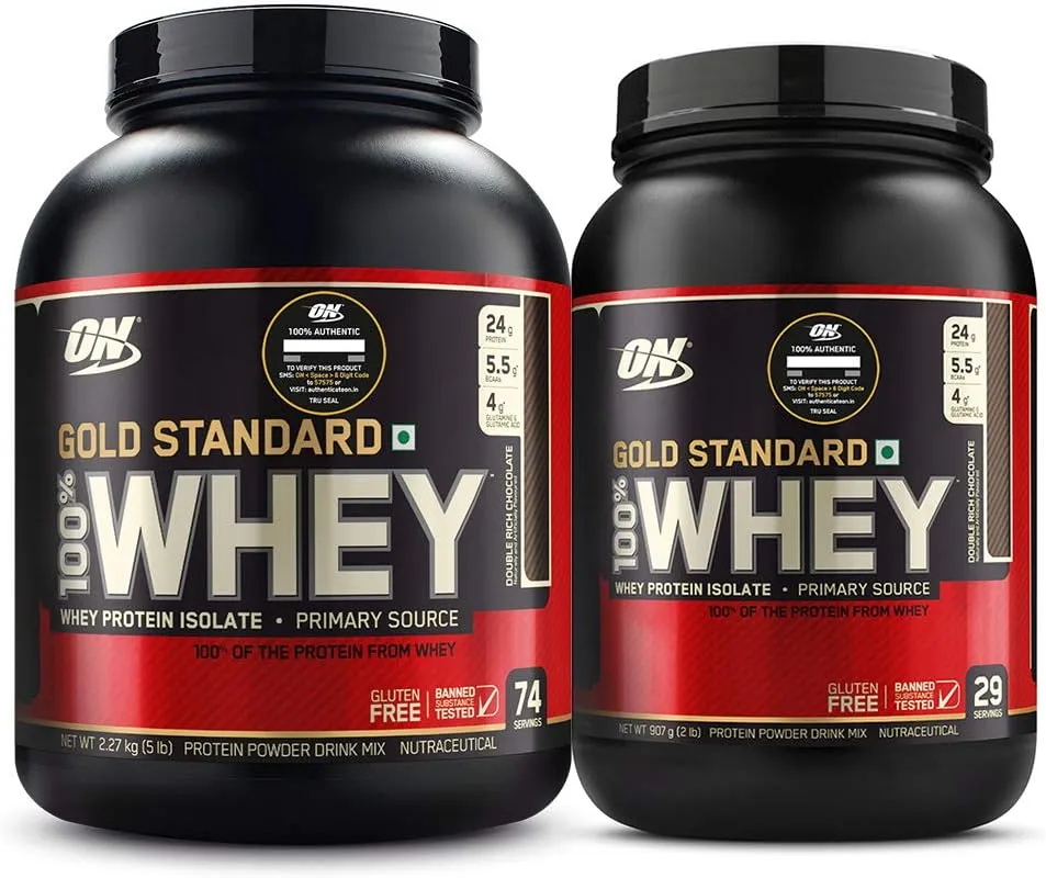 Optimum Nutrition ON Gold Standard 100% Whey Protein Primary Source Isolate - Double Rich Chocolate, 5 Lbs  ON Gold Standard 100% Whey Protein Primary Source Isolate - Double Rich Chocolate, 2 Lbs