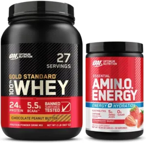 Optimum Nutrition Recovery & Hydration Duo: 100% Whey Protein Powder, Chocolate Peanut Butter (27 Servings) and Amino Energy Plus Hydration, Strawberry Burst (30 Servings)