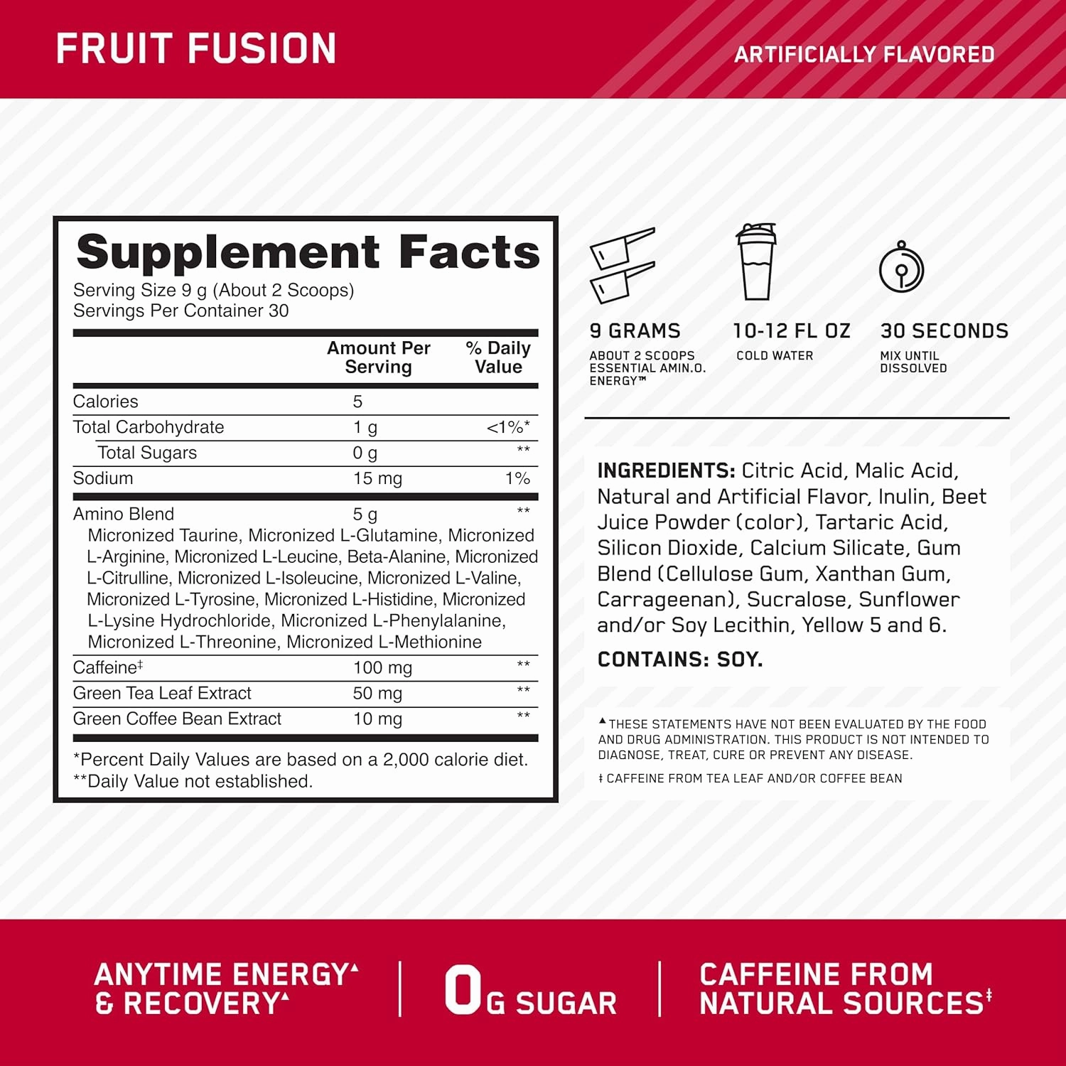 Optimum Nutrition Amino Energy - Pre Workout with Green Tea, BCAA, Amino Acids, Keto Friendly, Green Coffee Extract, Energy Powder - Fruit Fusion, 30 Servings (Packaging May Vary)