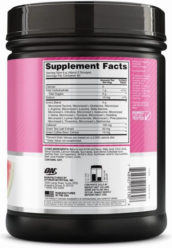 Optimum Nutrition Amino Energy - Pre Workout with Green Tea, BCAA, Amino Acids, Keto Friendly, Green Coffee Extract, Energy Powder - Watermelon, 65 Servings (Packaging May Vary)