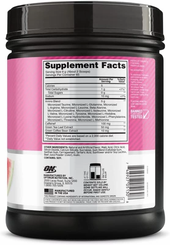 Optimum Nutrition Amino Energy - Pre Workout with Green Tea, BCAA, Amino Acids, Keto Friendly, Green Coffee Extract, Energy Powder - Watermelon, 65 Servings (Packaging May Vary)