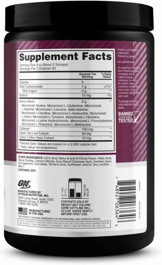 Optimum Nutrition Amino Energy - Pre Workout with Green Tea, BCAA, Amino Acids, Keto Friendly, Green Coffee Extract, Energy Powder - Wild Berry, 30 Servings (Packaging May Vary)