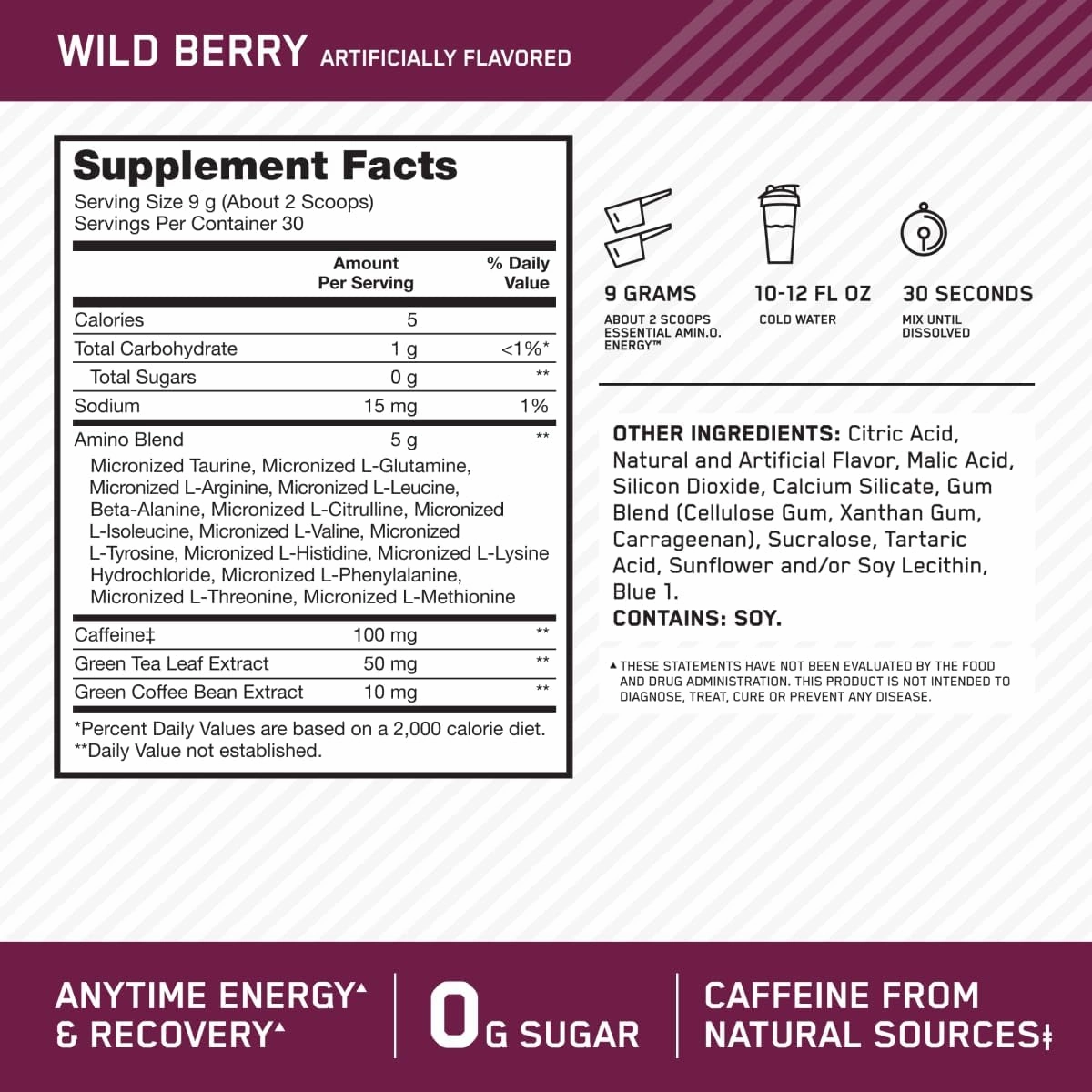 Optimum Nutrition Amino Energy - Pre Workout with Green Tea, BCAA, Amino Acids, Keto Friendly, Green Coffee Extract, Energy Powder - Wild Berry, 30 Servings (Packaging May Vary)