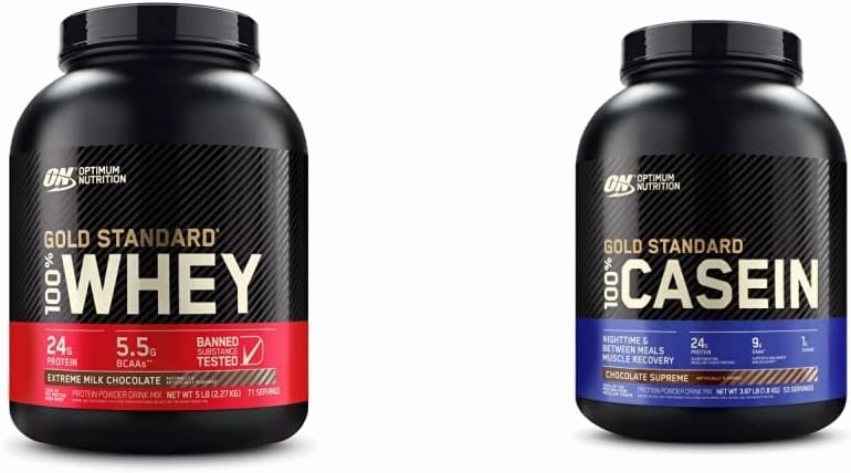 Optimum Nutrition Gold Standard 100% Micellar Casein Protein Powder & Gold Standard 100% Whey Protein Powder, Extreme Milk Chocolate, 5 Pound (Packaging May Vary)