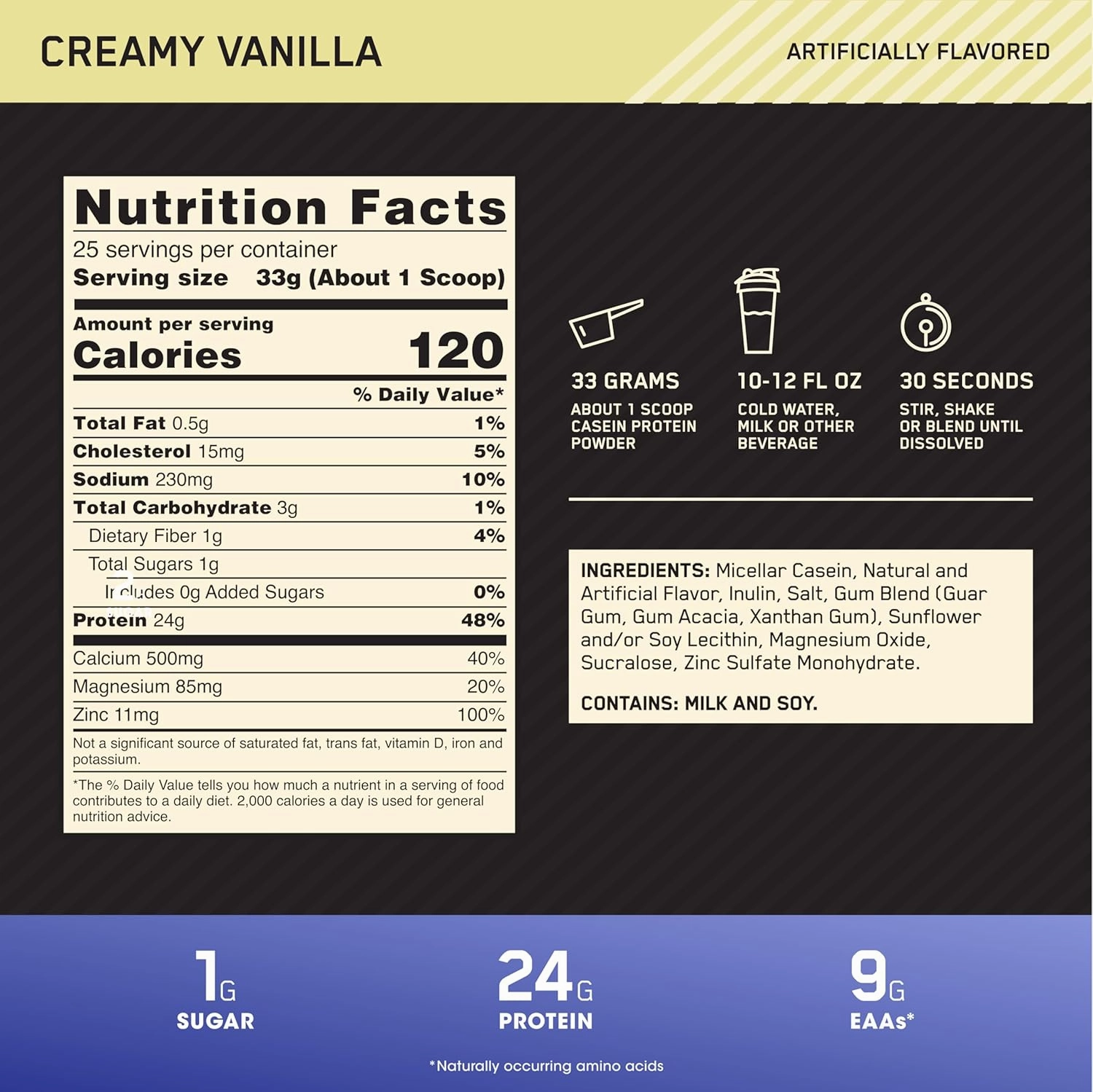 Optimum Nutrition Gold Standard 100% Micellar Casein Protein Powder, Slow Digesting, Helps Keep You Full, Overnight Muscle Recovery, Creamy Vanilla, 1.81 Pound (Packaging May Vary)