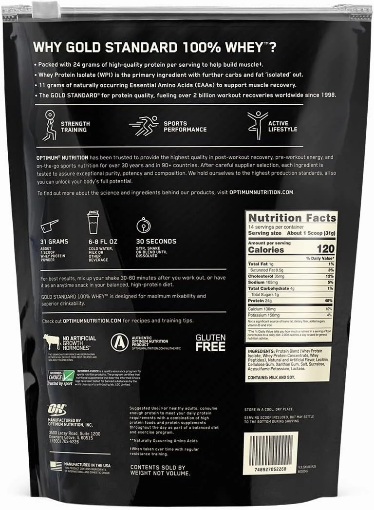 Optimum Nutrition Gold Standard 100% Whey Protein Powder, Double Rich Chocolate (1 lb.), Package may vary