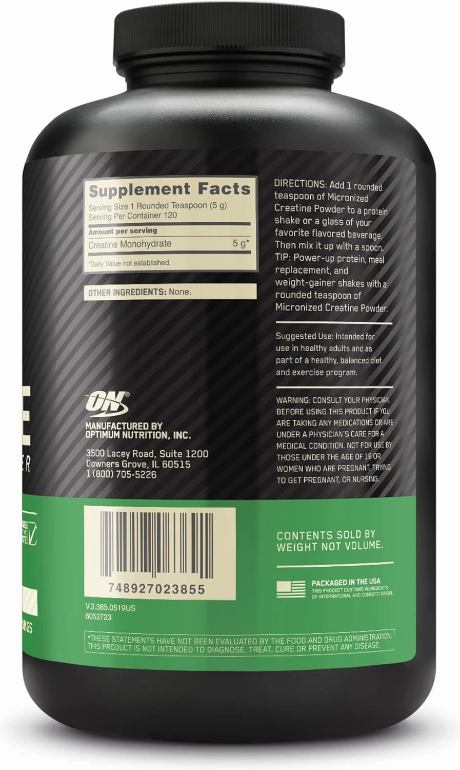 Optimum Nutrition Micronized Creatine Monohydrate Powder, Unflavored, 120 Servings, 600 Grams (Packaging May Vary)