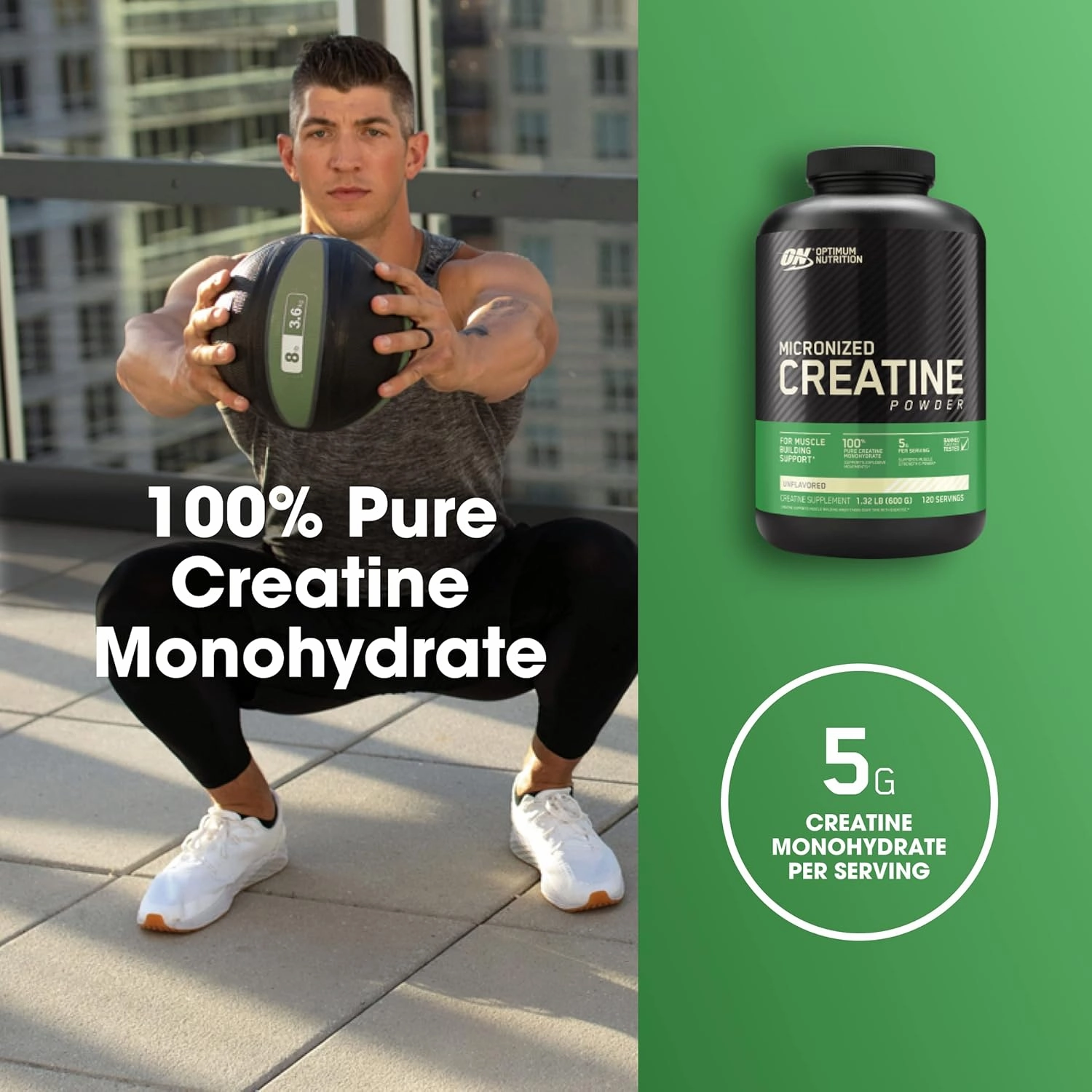 Optimum Nutrition Micronized Creatine Monohydrate Powder, Unflavored, 120 Servings, 600 Grams (Packaging May Vary)