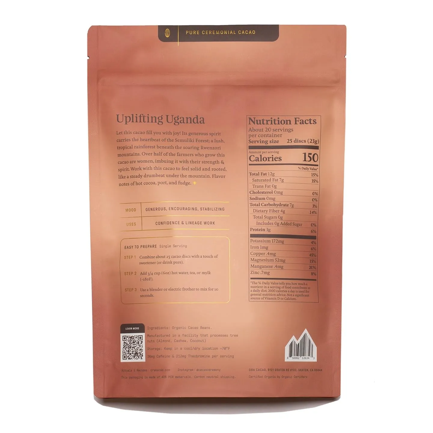ORA Ceremonial Cacao - Uplifting Uganda - Organic 100% Cacao - Ethical - Regenerative - High Flavanol - Coffee Alternative - Better Energy - Heavy Metals Tested - Unsweetened - 16oz