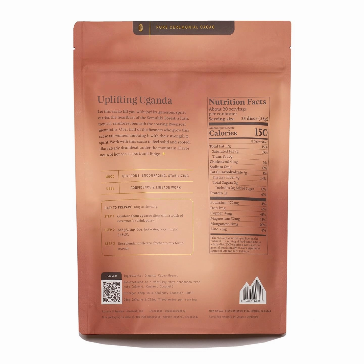 ORA Ceremonial Cacao - Uplifting Uganda - Organic 100% Cacao - Ethical - Regenerative - High Flavanol - Coffee Alternative - Better Energy - Heavy Metals Tested - Unsweetened - 16oz