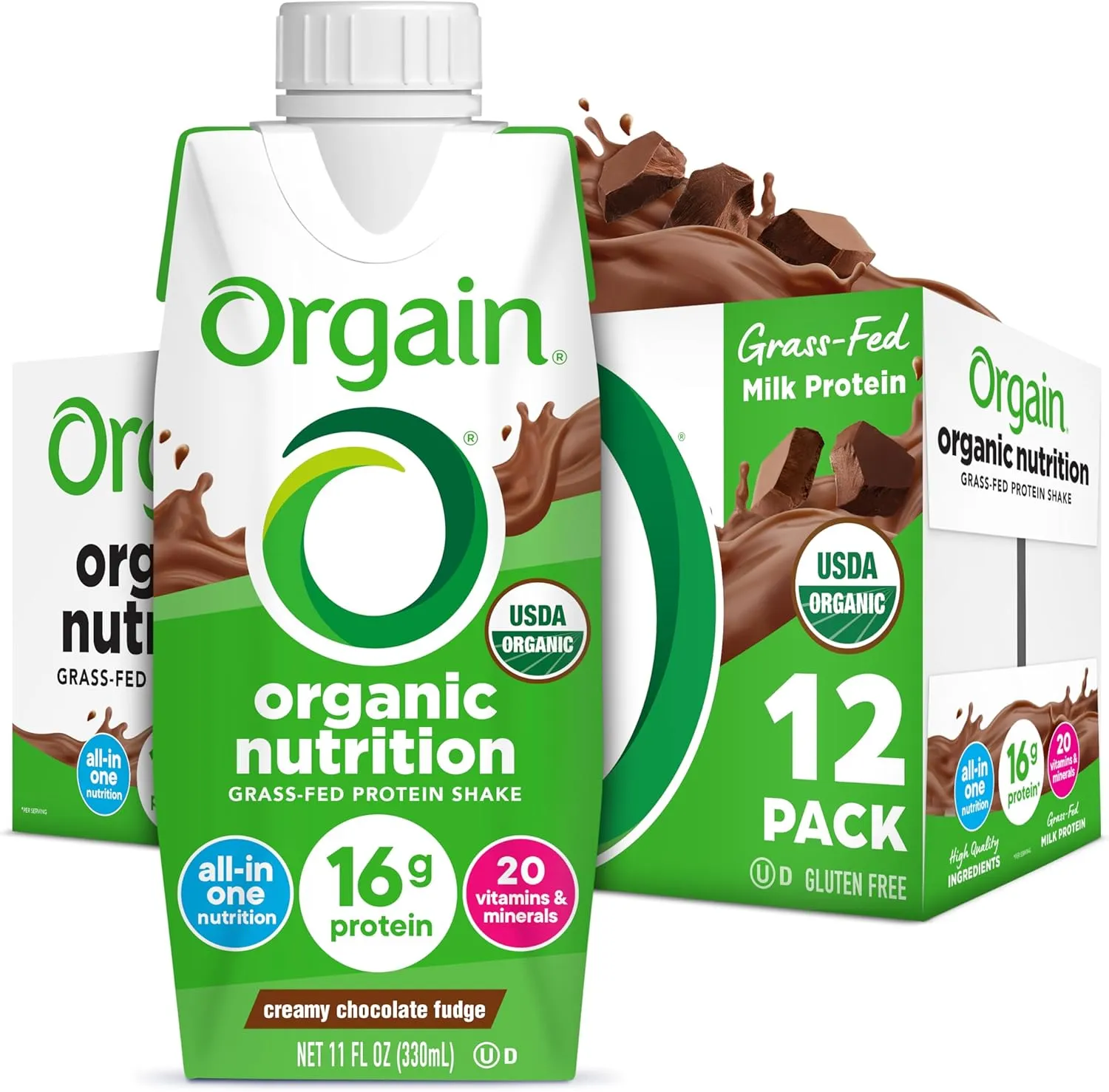 Orgain Organic Nutritional Protein Shake, Creamy Chocolate Fudge - 16g Grass Fed Whey Protein, Meal Replacement, 20 Vitamins & Minerals, Fruits & Vegetables, Gluten Free, Non-GMO, 11 Fl Oz (12 Pack)