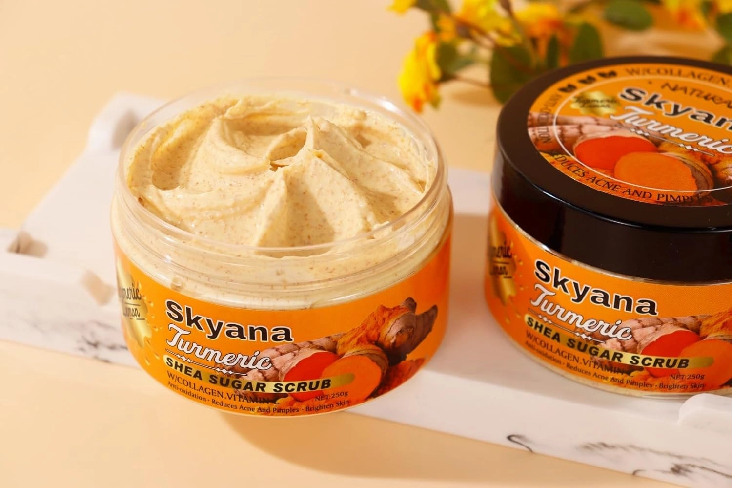 Organic Lemon&turmeric Shea Sugar Scrub with Collagen, Vitamin C, 250g, Brightening Body and face Scrub.Anti-oxidation removal pimples.Exfoliator.