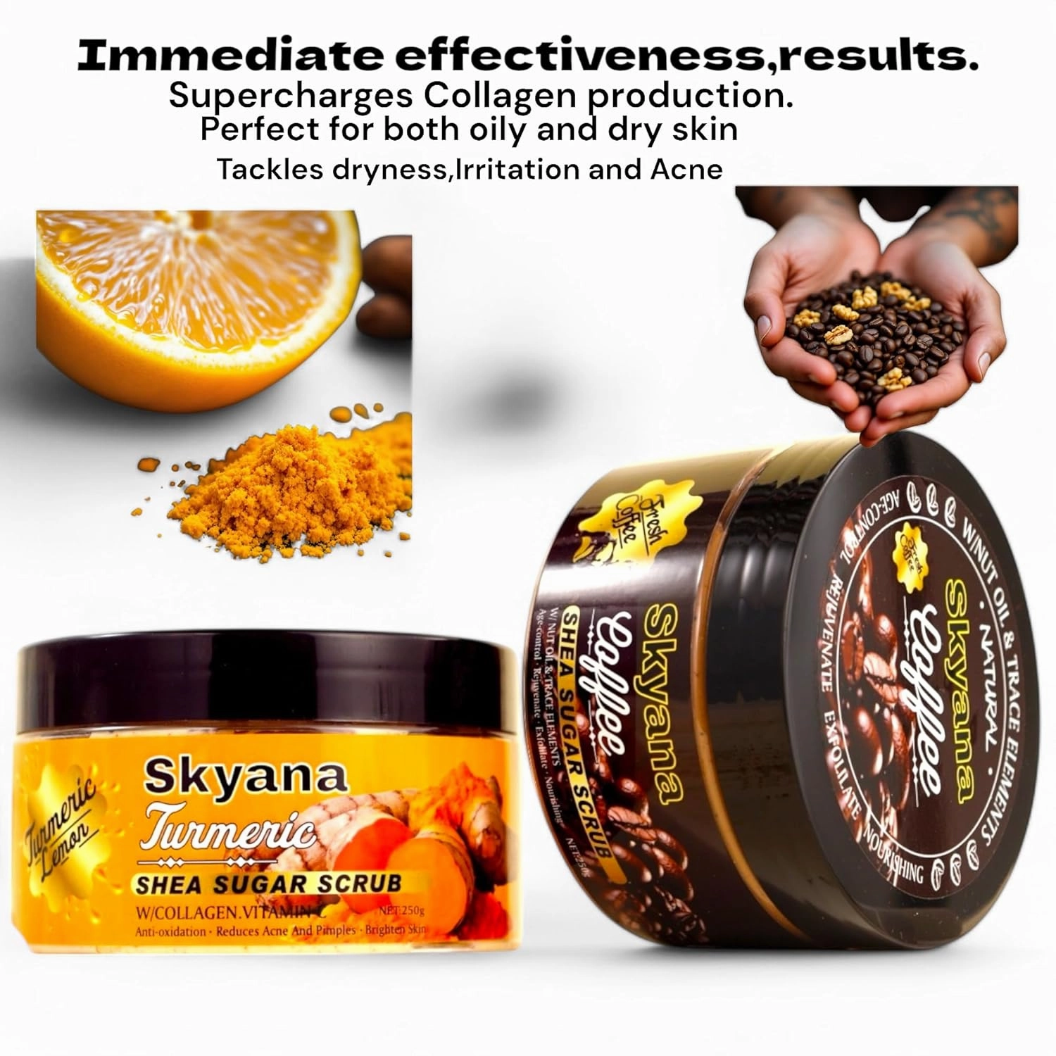 Organic Lemon&turmeric Shea Sugar Scrub with Collagen, Vitamin C, 250g, Brightening Body and face Scrub.Anti-oxidation removal pimples.Exfoliator.