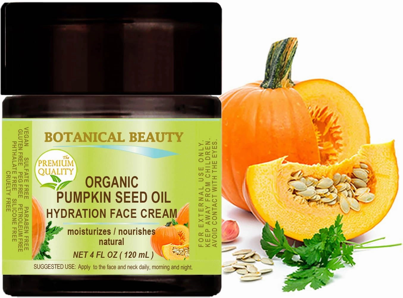 ORGANIC PUMPKIN SEED OIL HYDRATION FACE CREAM. For NORMAL - DRY - SENSITIVE SKIN. 4 Fl. oz - 120 ml. Hydrating, Moisturizing, Nourishing, Rejuvenating, Smoothening, Softening