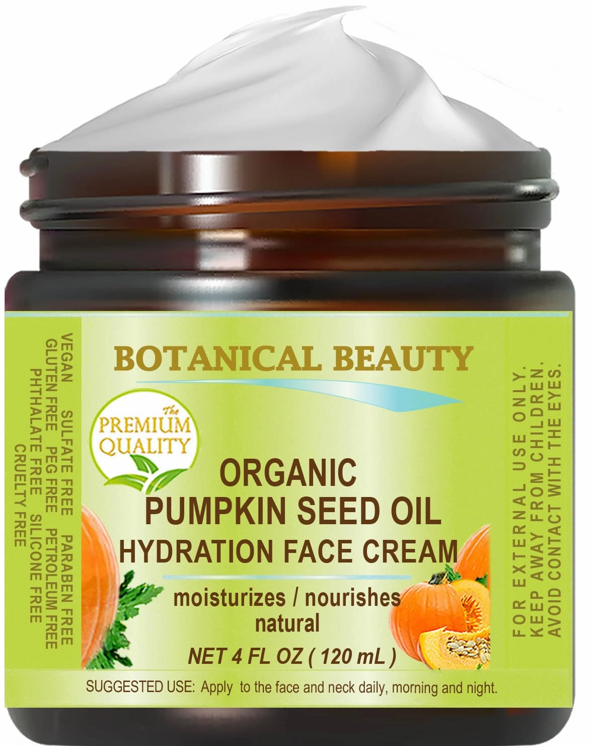 ORGANIC PUMPKIN SEED OIL HYDRATION FACE CREAM. For NORMAL - DRY - SENSITIVE SKIN. 4 Fl. oz - 120 ml. Hydrating, Moisturizing, Nourishing, Rejuvenating, Smoothening, Softening