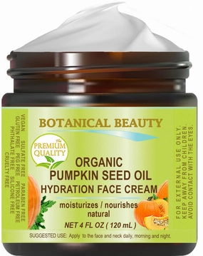 ORGANIC PUMPKIN SEED OIL HYDRATION FACE CREAM. For NORMAL - DRY - SENSITIVE SKIN. 4 Fl. oz - 120 ml. Hydrating, Moisturizing, Nourishing, Rejuvenating, Smoothening, Softening