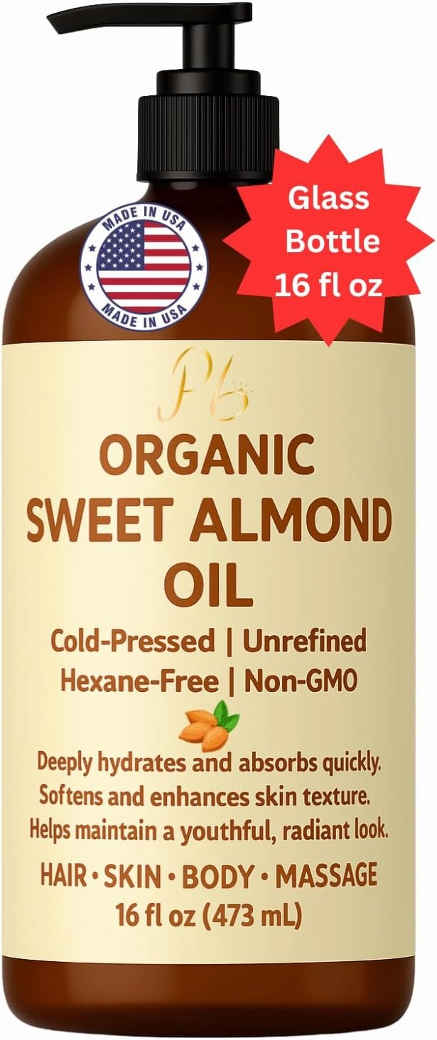 Organic Sweet Almond Oil – 100% Pure, Unrefined, Extra Virgin Carrier Oil for Face, Hair, Body & Massage – Lightweight, Non-Greasy, Unscented, Hexane-Free – 16 fl oz Glass Bottle with Pump