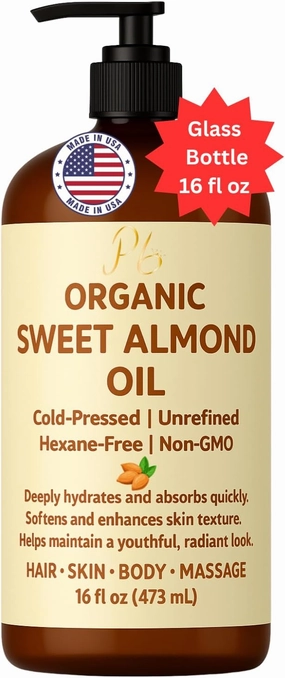 Organic Sweet Almond Oil – 100% Pure, Unrefined, Extra Virgin Carrier Oil for Face, Hair, Body & Massage – Lightweight, Non-Greasy, Unscented, Hexane-Free – 16 fl oz Glass Bottle with Pump