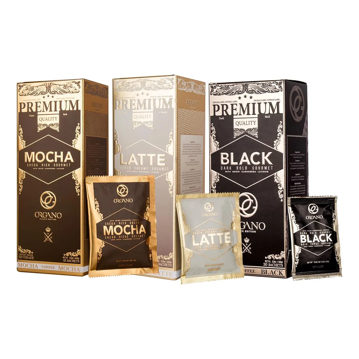 ORGANO Combo pack, 1 box Black Coffee, 1 box Cafe Latte and 1 Box Cafe Mocha 100% Certified Organic Gourmet Coffee