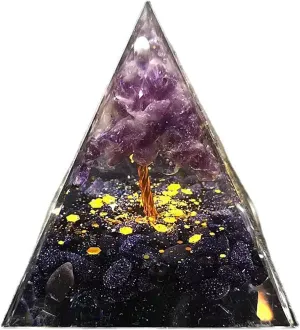 Orgone Pyramid, Crystals and Healing Stones Amethyst Crystal Tree & Obsidian Positive Energy Crystal Pyramid for Meditation, Chakra, Reiki, Healing, Spiritual Decor, Crystal Gifts