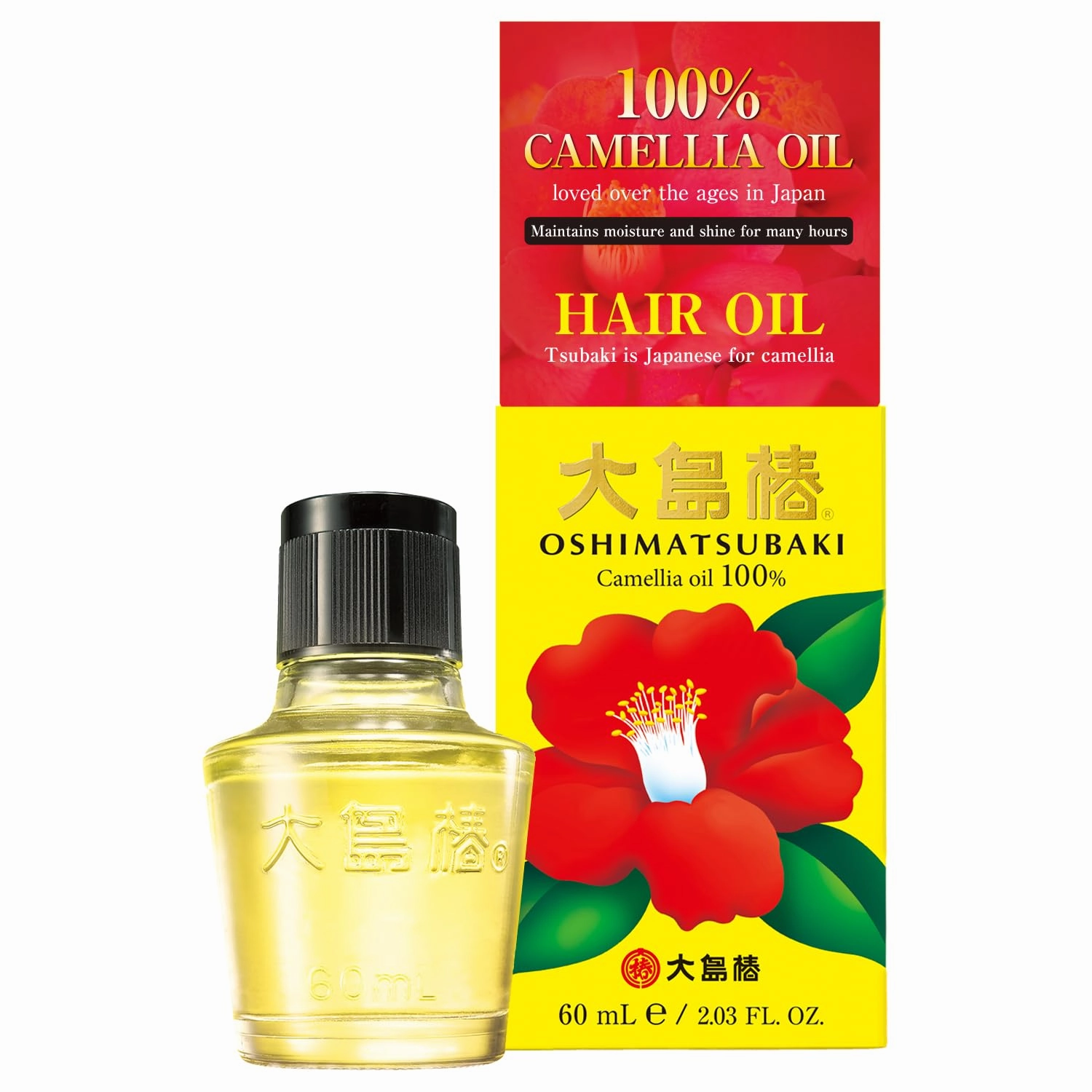 Oshima Tsubaki Camellia Hair Care Oil - English Packaging, 2.03 fl oz (60mL), 100% Camellia Seed Oil, For Hair, Body, Face and Nails