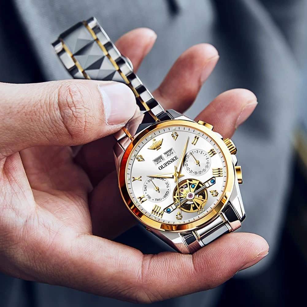OUPINKE Men's Automatic Self Winding Mechanical Wrist Watch Roman Numeral Scale Male Watch Two Tone Stainless Steel Strap Diamond Luxury Business Luminous Waterproof Watch