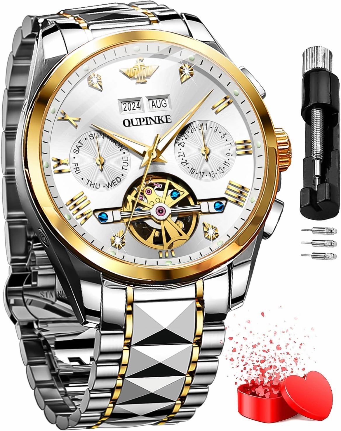 OUPINKE Men's Automatic Self Winding Mechanical Wrist Watch Roman Numeral Scale Male Watch Two Tone Stainless Steel Strap Diamond Luxury Business Luminous Waterproof Watch