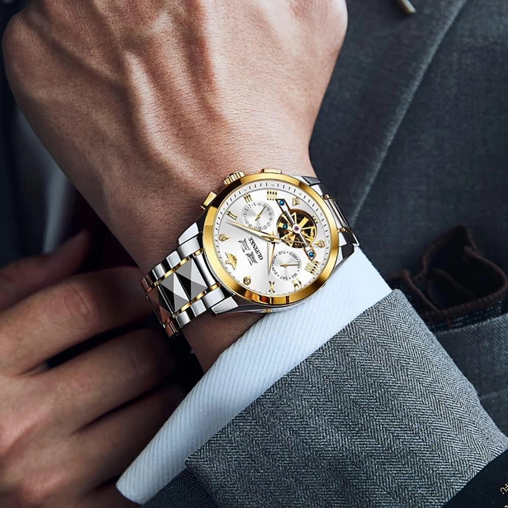 OUPINKE Men's Automatic Self Winding Mechanical Wrist Watch Roman Numeral Scale Male Watch Two Tone Stainless Steel Strap Diamond Luxury Business Luminous Waterproof Watch
