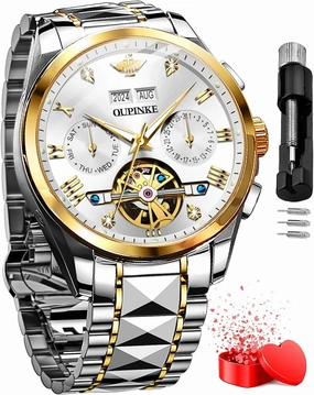 OUPINKE Men's Automatic Self Winding Mechanical Wrist Watch Roman Numeral Scale Male Watch Two Tone Stainless Steel Strap Diamond Luxury Business Luminous Waterproof Watch