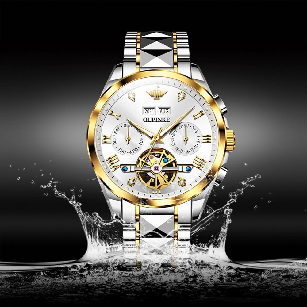 OUPINKE Men's Automatic Self Winding Mechanical Wrist Watch Roman Numeral Scale Male Watch Two Tone Stainless Steel Strap Diamond Luxury Business Luminous Waterproof Watch