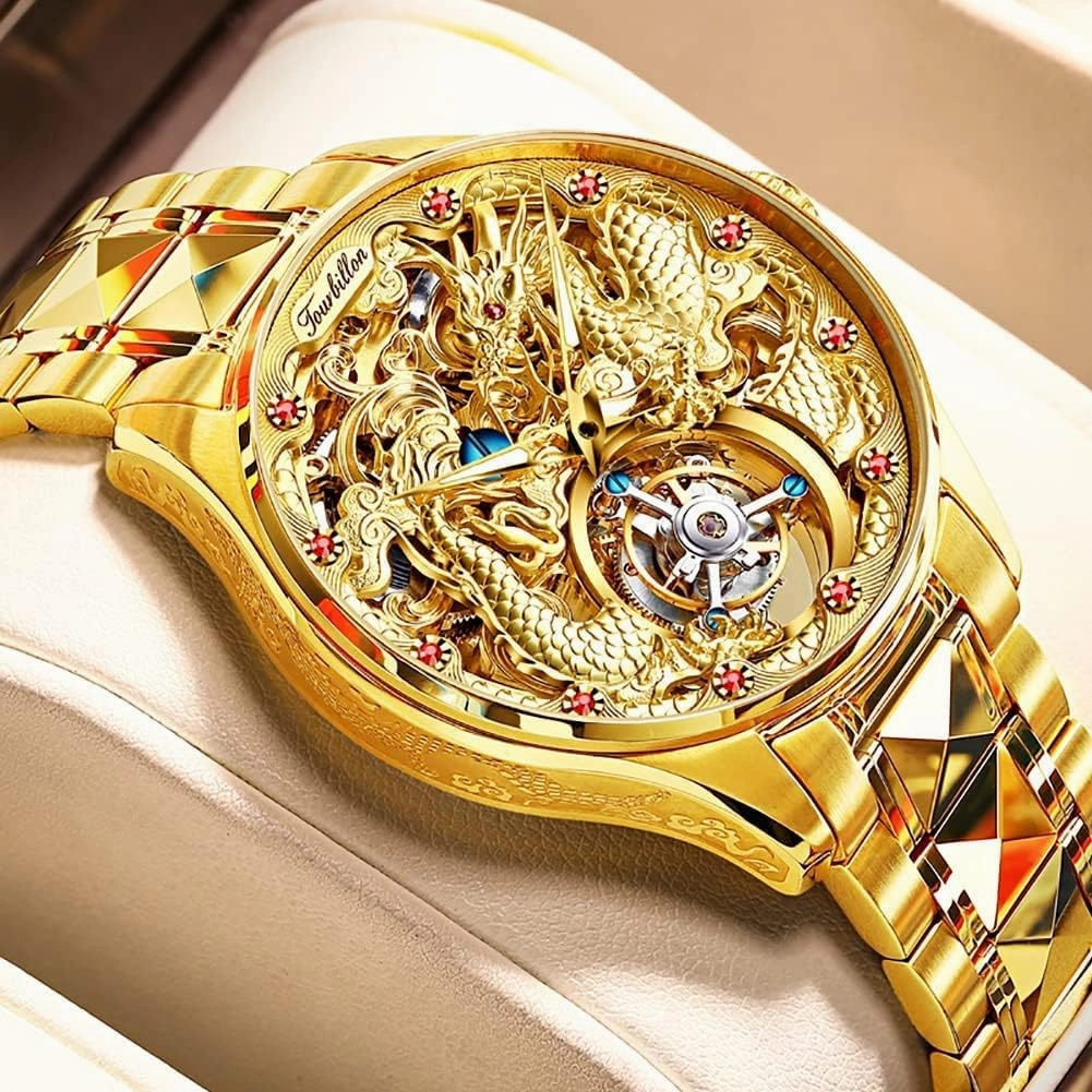 OUPINKE Men's Watch Automatic Designer Big Face Luxury Mechanical Skeleton Dress Business Wrist Watches Two Tone Tungsten Steel Waterproof Sapphire Calendar