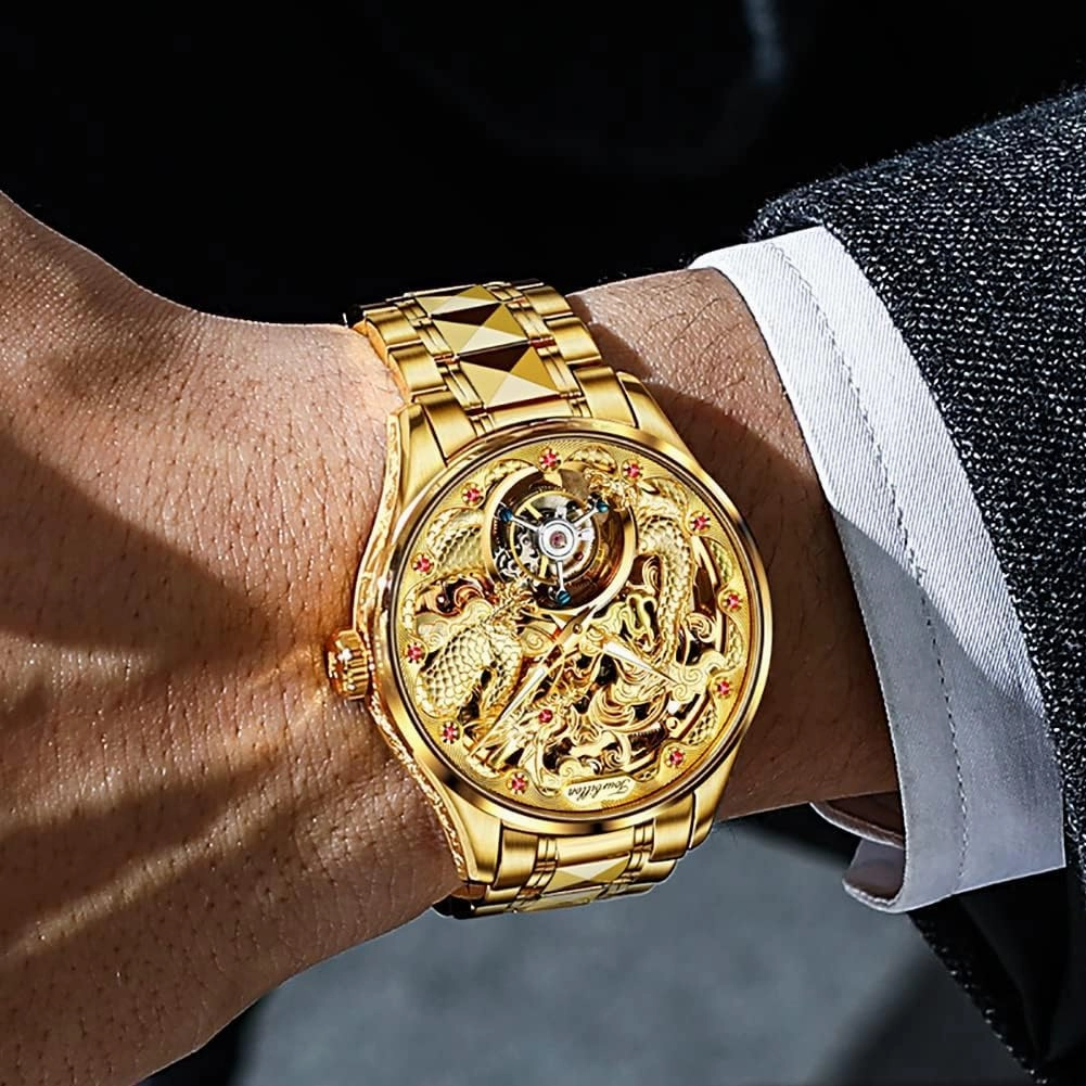 OUPINKE Men's Watch Automatic Designer Big Face Luxury Mechanical Skeleton Dress Business Wrist Watches Two Tone Tungsten Steel Waterproof Sapphire Calendar
